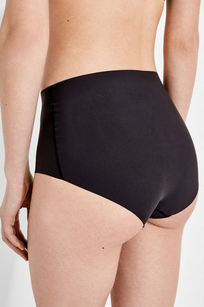 Black high-waist briefs with smooth fabric and wide waistband