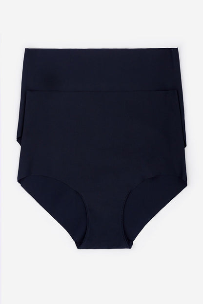 Flat black high-waist briefs with smooth front panel