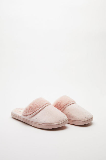 Pink plush slide slippers, pair side view with open top strap