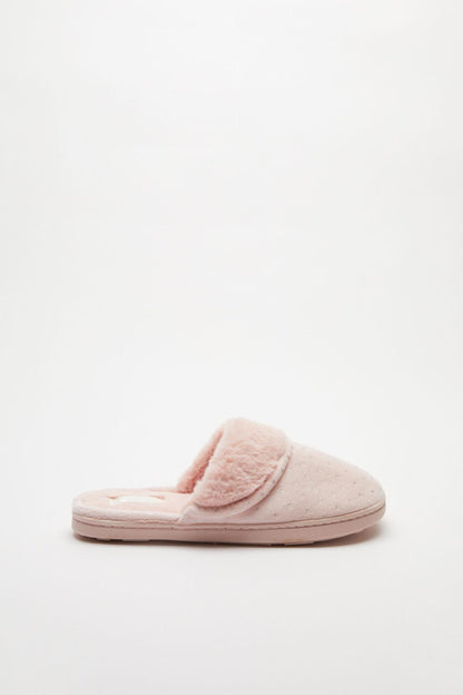 Pink plush slip-on slippers with fuzzy strap and cushioned sole