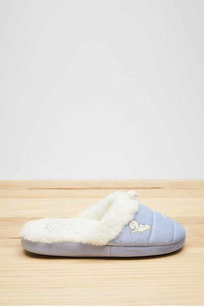 Women'secret light blue faux-fur slide slippers with cloud patch on the strap