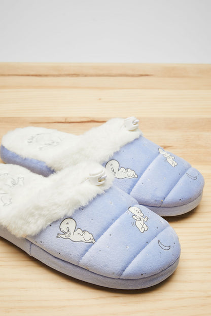 Women'secret light blue quilted slide slippers with white faux-fur trim and cloud print