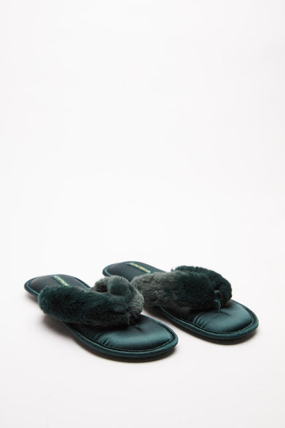Teal slide slippers with dark faux-fur crossover strap