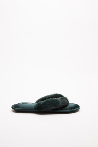 Teal slide slipper with dark faux-fur strap