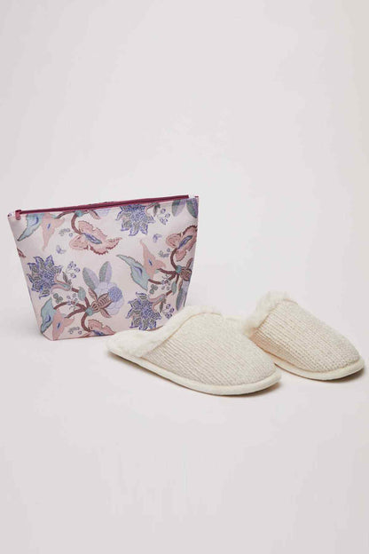 Ivory knit slip-on slippers with floral zip pouch