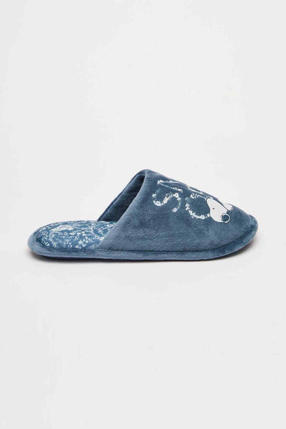 Medium blue plush slip-on slippers with penguin graphic, open back