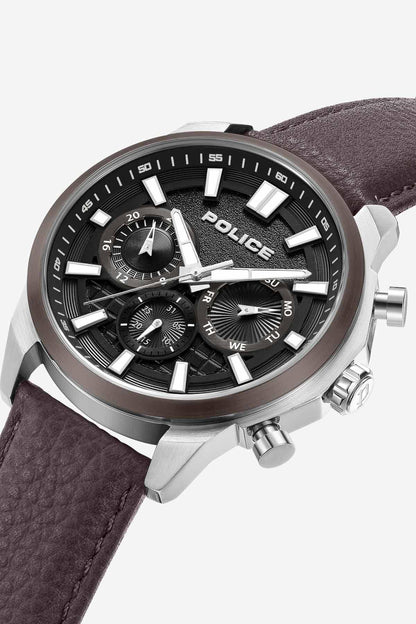 Police watch with black dial, silver case and brown leather strap, visible subdials and crown