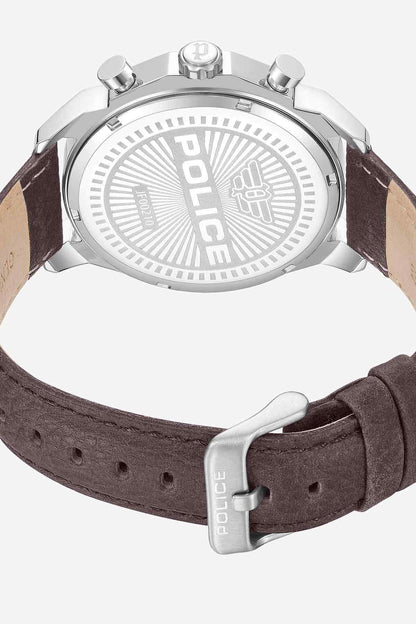 Police watch with silver back case, brown leather strap, buckle and strap holes