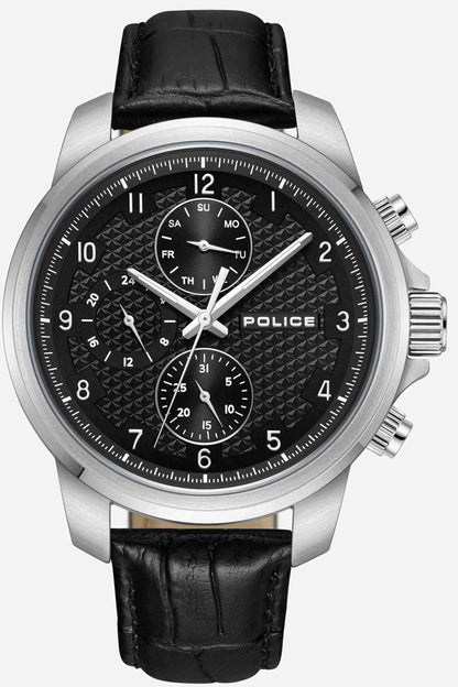 Black leather strap POLICE chronograph wristwatch, black dial, silver case and pushers