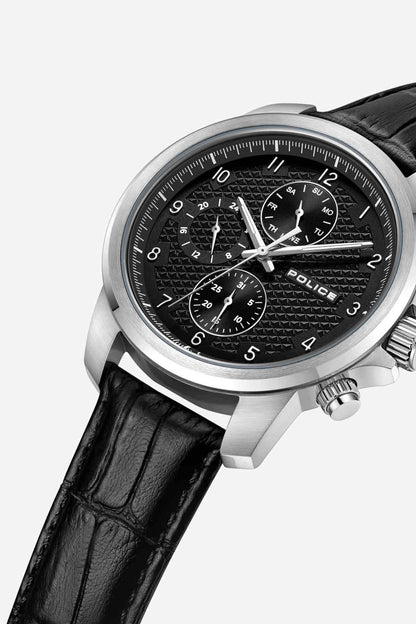 POLICE chronograph wristwatch with black leather strap, black dial and silver bezel