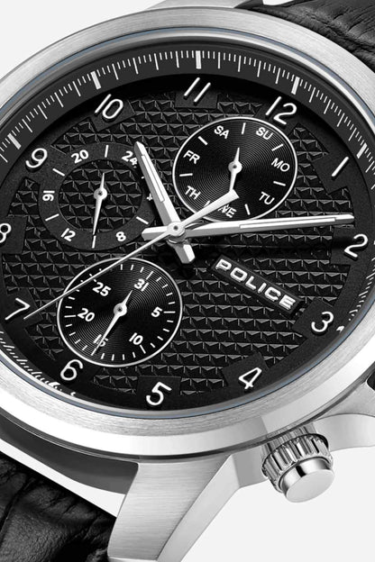 Close-up POLICE chronograph wristwatch: black textured dial, silver hands and markers