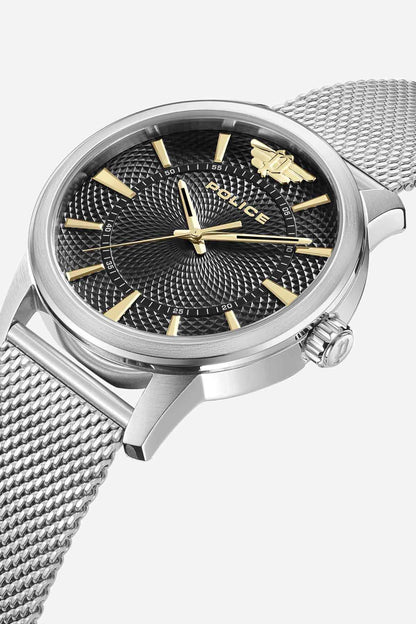 Stainless steel mesh bracelet watch with black dial and gold-tone hands