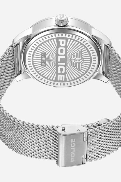Police watch case and clasp with POLICE logo on silver mesh bracelet