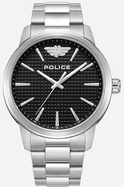 POLICE wristwatch with black dial, silver metal strap, baton hands and markers
