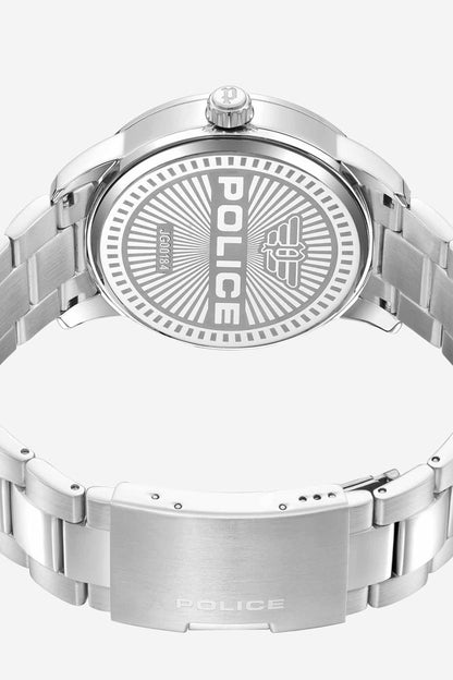 POLICE wristwatch with black dial, silver metal bracelet and POLICE logo