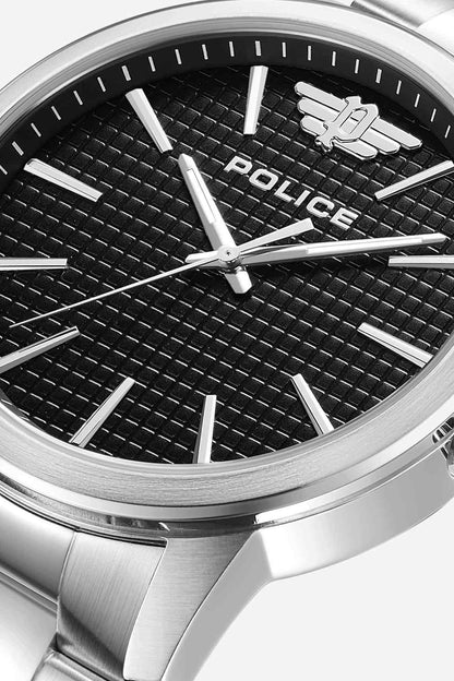 POLICE wristwatch dial close-up with black textured face, silver hands and markers