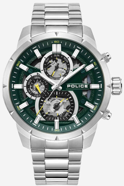 Green dial police-themed chronograph watch with stainless steel bracelet, three subdials