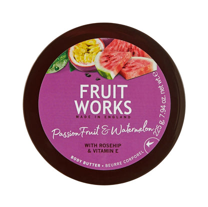 Fruit Works body butter jar, purple label with passion fruit & watermelon