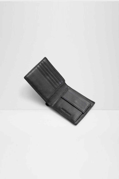 ALDO black leather bifold wallet, open with card slots