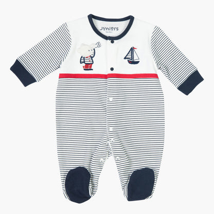 Baby footed romper with navy and white stripes, sailor bear and sailboat prints