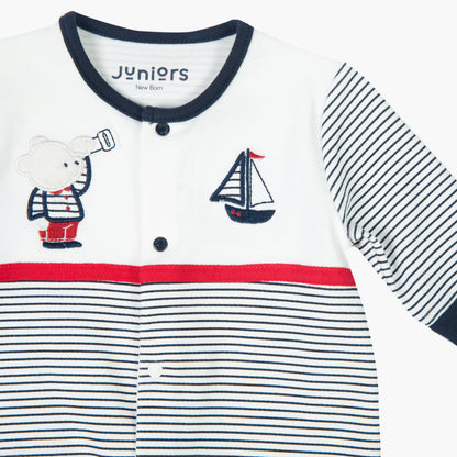 BABYSHOP baby long-sleeve striped button-front top with bear and sailboat embroidery