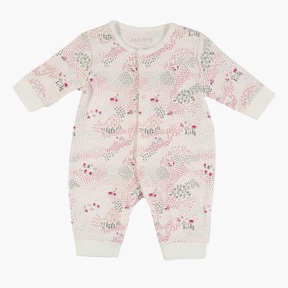 Baby onesie pajama romper, pink and gray allover print, long sleeves, footed