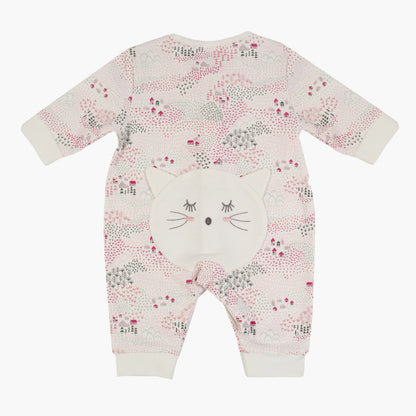 Baby onesie pajama romper with cat-face belly panel, pink and gray allover print