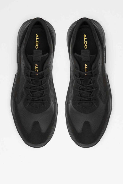 ALDO black sneakers top view with ALDO logo on the tongue