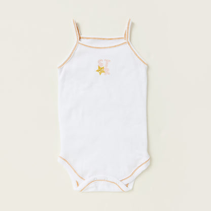 BABYSHOP baby bodysuit, white with orange-checked trim and star/letter graphic