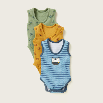 Infant sleeveless bodysuit set: green, yellow, and blue striped with animal prints