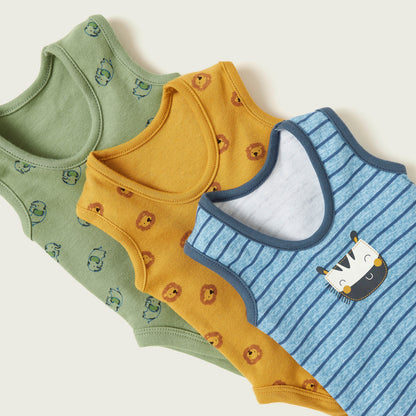 Infant sleeveless bodysuits, angled view: green, yellow, and blue with animal graphics