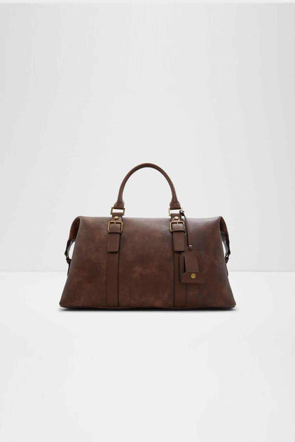 Brown leather duffel bag with top handles and front buckle details