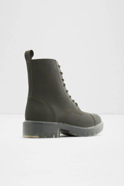 Olive lace-up ankle boot with front eyelets and rugged lug sole