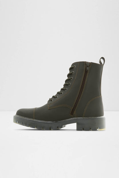 Olive lace-up ankle boot with brown accent panel and stacked heel sole