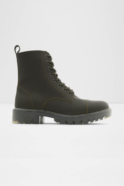 Olive lace-up ankle boots with rubber lug sole and side pull tab