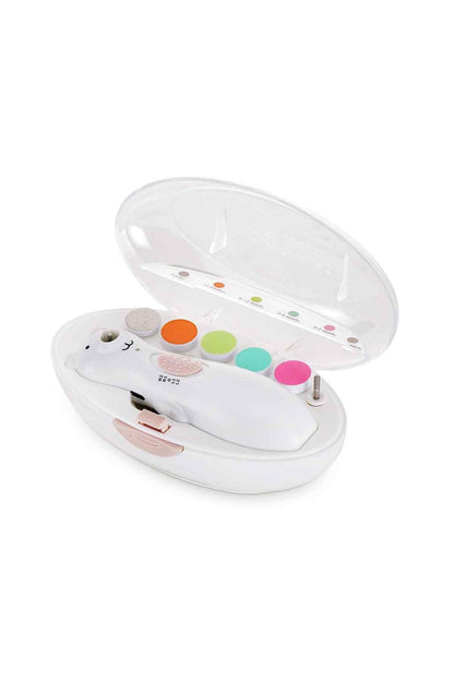 White nail care device case with bear-shaped base and colorful nail caps