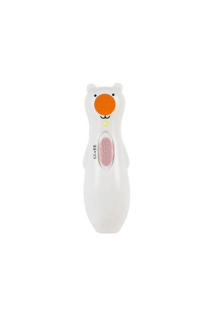 White bear-style nail care tool with orange light window and small pink pad