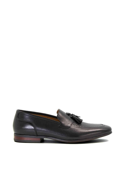 Dune London black leather tassel loafer with bow-detail, side view