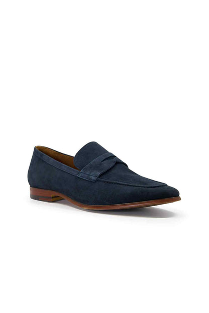 Navy suede loafer with strap detail and cushioned insole, low brown sole