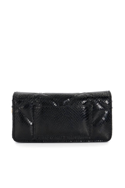 Black quilted flap wallet bag with gold logo detail on the front