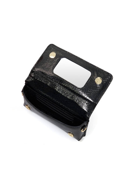 Black leather wallet with rectangular card cutout, gold hardware, and top flap