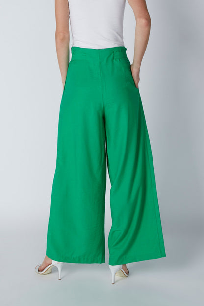 Green wide-leg jumpsuit pants with drawstring waist and pockets