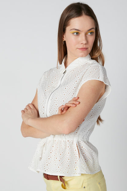 White eyelet short-sleeve peplum top with stand collar