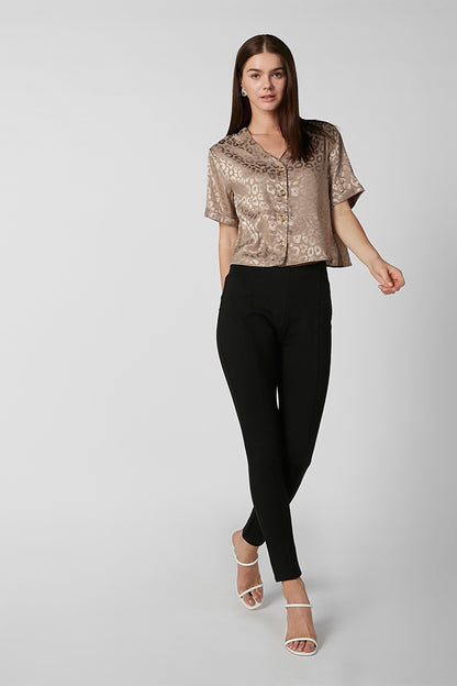 Brown patterned short-sleeve blouse with button front and scoop neckline