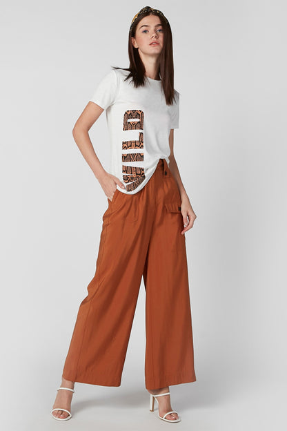 Brown high-waist wide-leg cargo pants, front button placket and side pockets