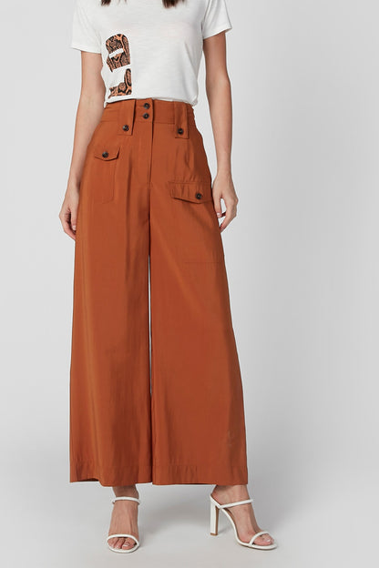 Brown high-waist wide-leg pants with front buttons and cargo pockets