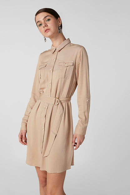 Bronze button-up shirt dress with belt, long sleeves, chest pockets