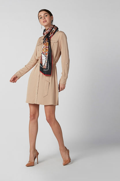 Bronze button-front shirt dress, long sleeves, tied waist belt, side view