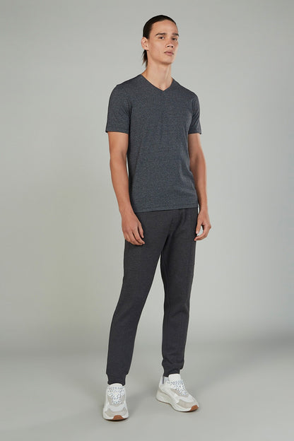 Grey heather V-neck T-shirt and jogger pants