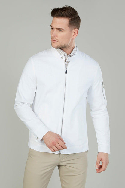 White zip-up jacket with stand collar and patterned inner placket